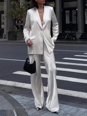 Loose Blazer  High-Waisted Pants Set - Solid Color Chic Outfit