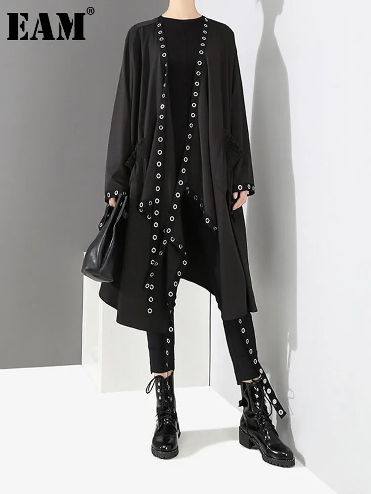 Loose Fit Ribbon Pleated Coat Black Hollow Out Goth Coat