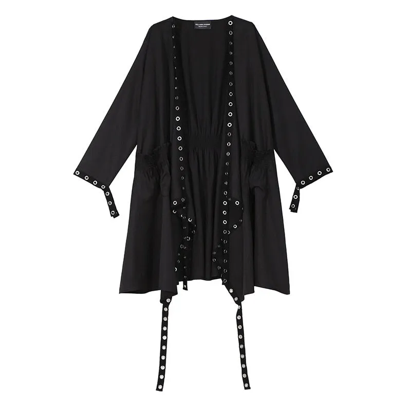 Loose Fit Ribbon Pleated Coat Black Hollow Out Goth Coat