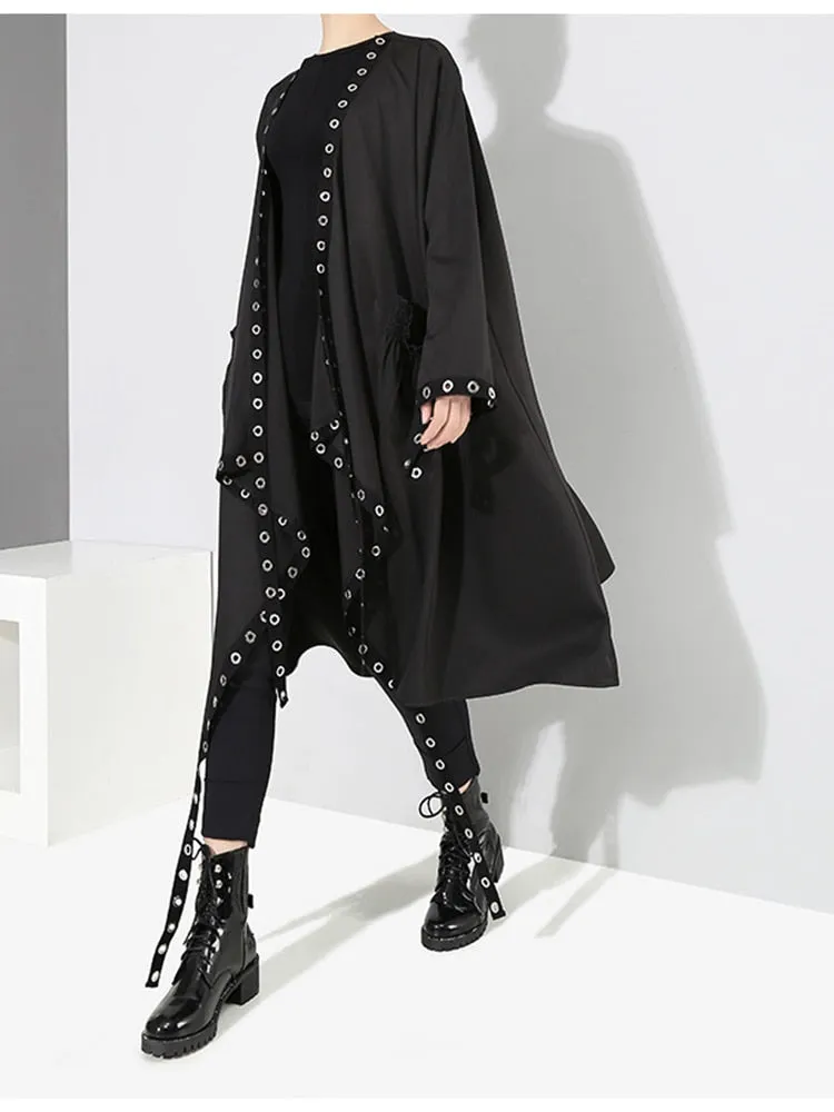 Loose Fit Ribbon Pleated Coat Black Hollow Out Goth Coat