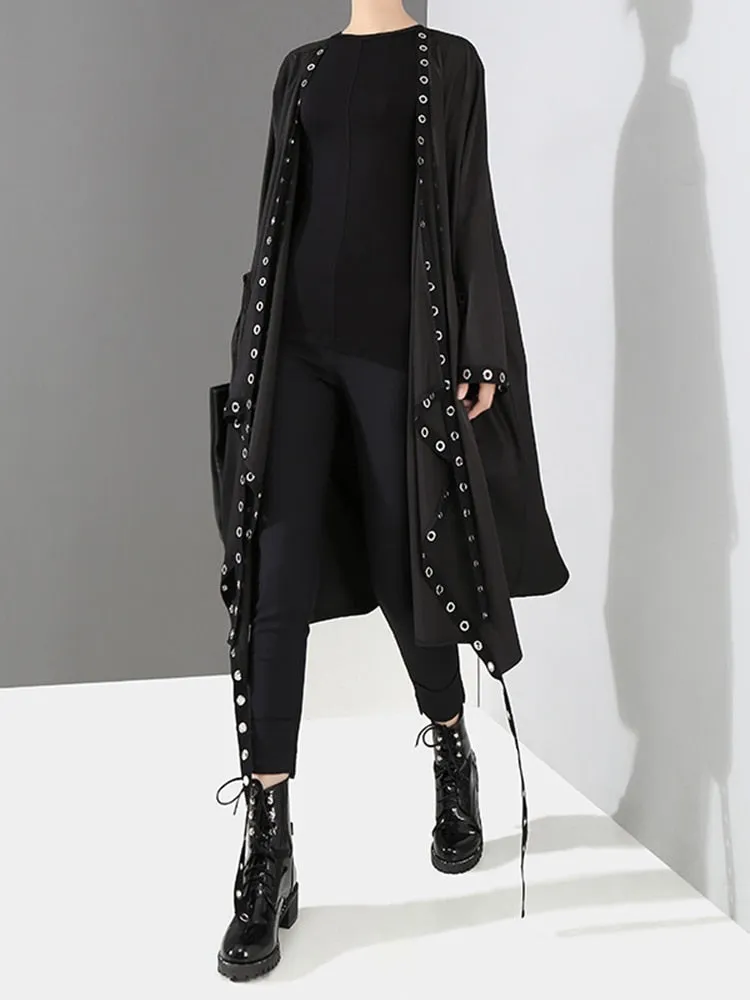 Loose Fit Ribbon Pleated Coat Black Hollow Out Goth Coat