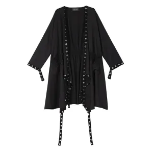 Loose Fit Ribbon Pleated Coat Black Hollow Out Goth Coat