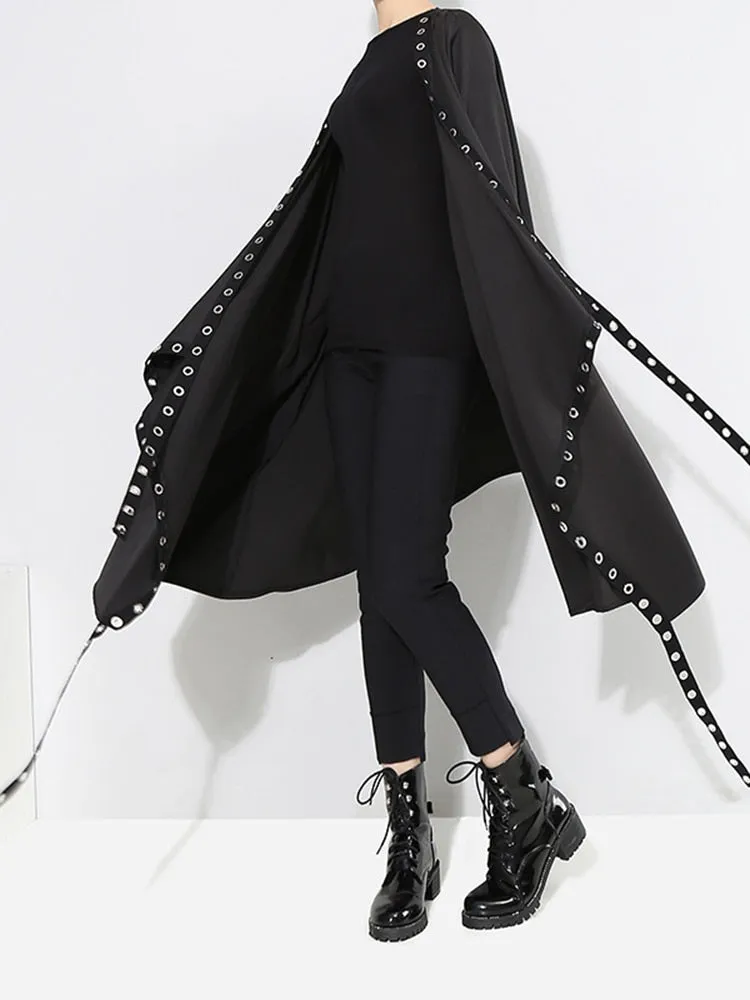 Loose Fit Ribbon Pleated Coat Black Hollow Out Goth Coat