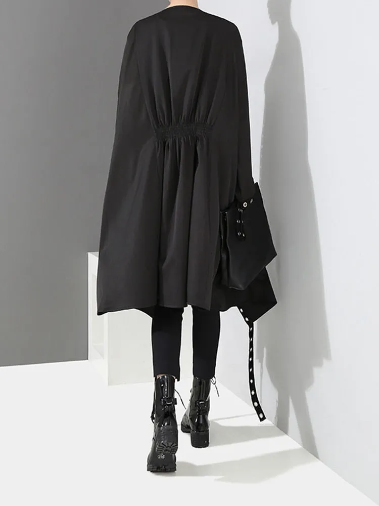 Loose Fit Ribbon Pleated Coat Black Hollow Out Goth Coat