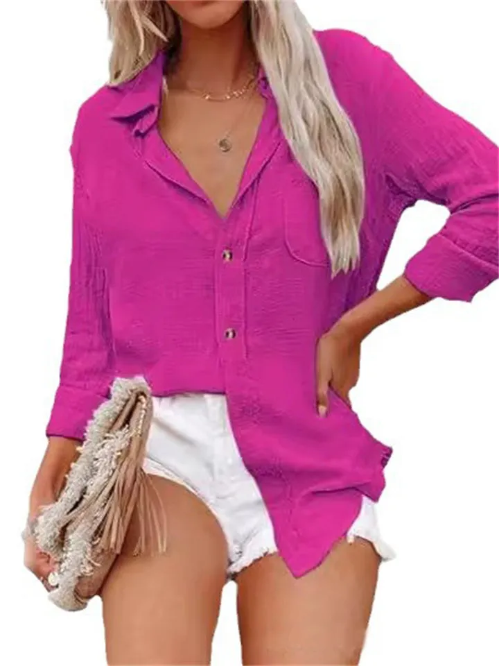 Loose Fitting Solid Color Single-Breasted Blouses for Female