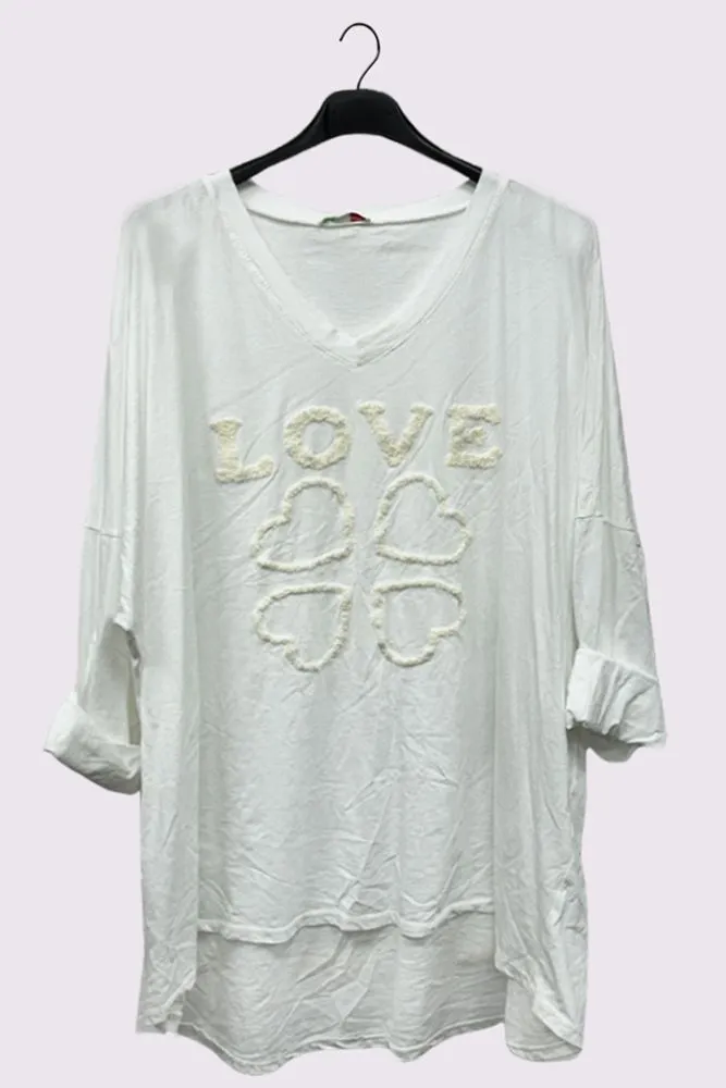 Love Heart Embroidered Drop Hem Top