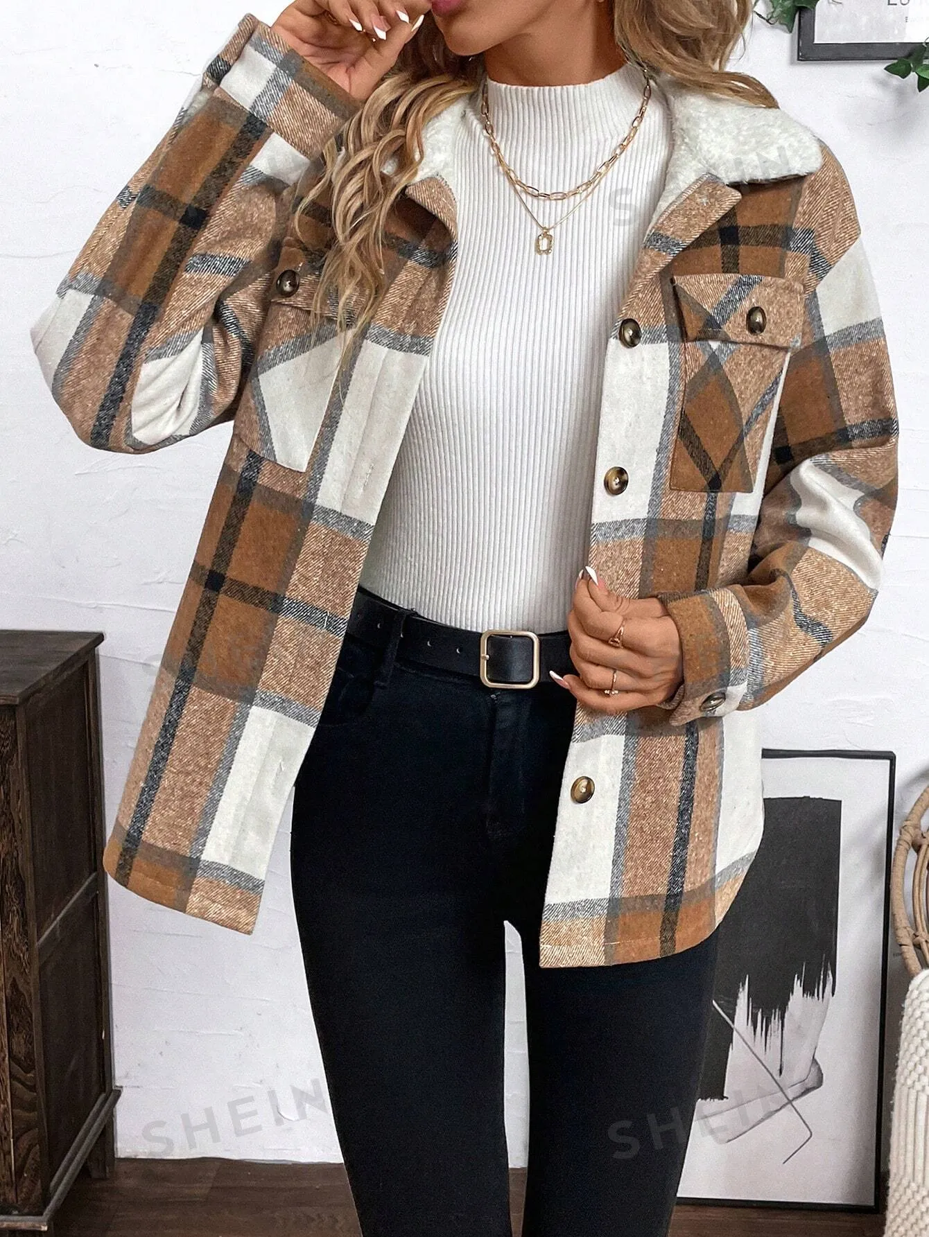 LUNE Plush-Lined Warm Khaki-Brown Plaid Shirt-Style Jacket For Women, Autumn Winter