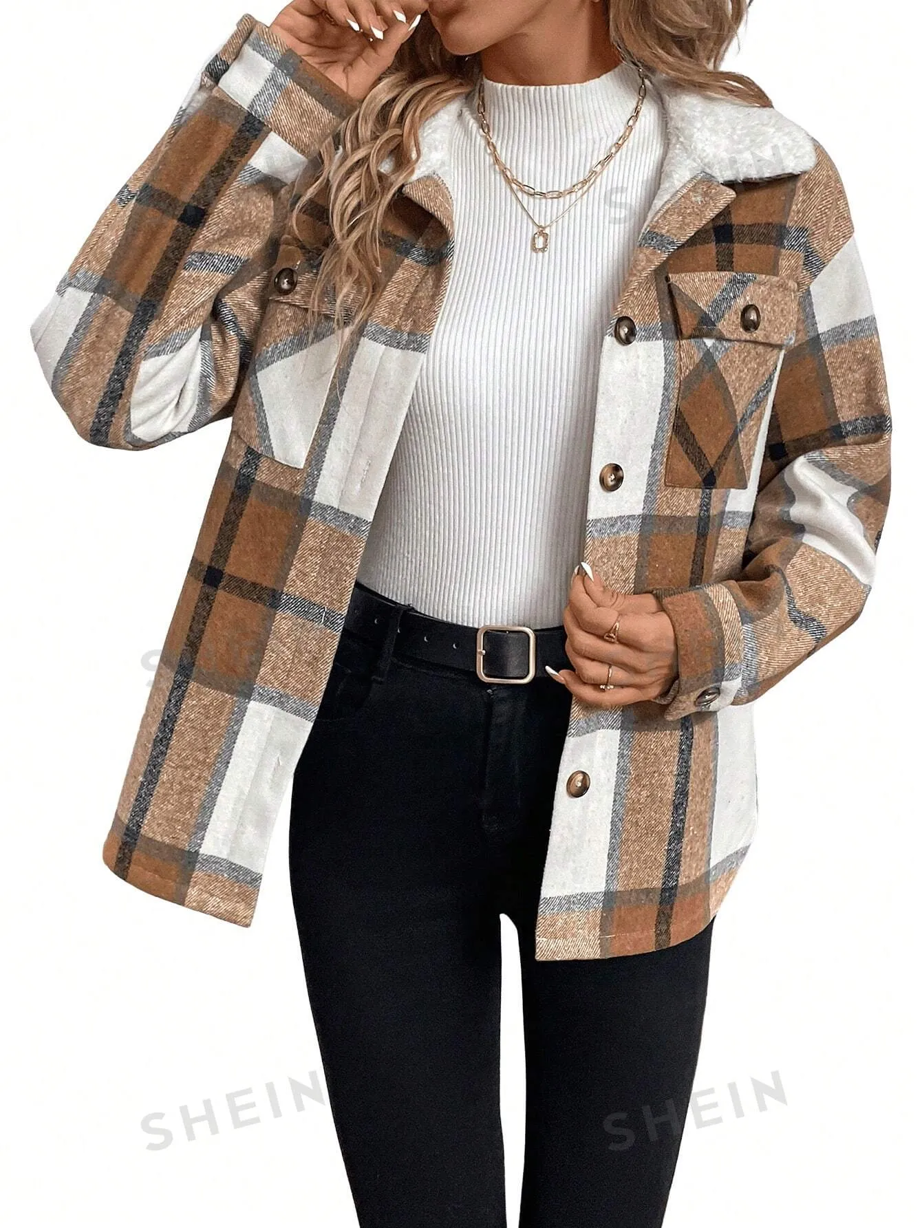 LUNE Plush-Lined Warm Khaki-Brown Plaid Shirt-Style Jacket For Women, Autumn Winter