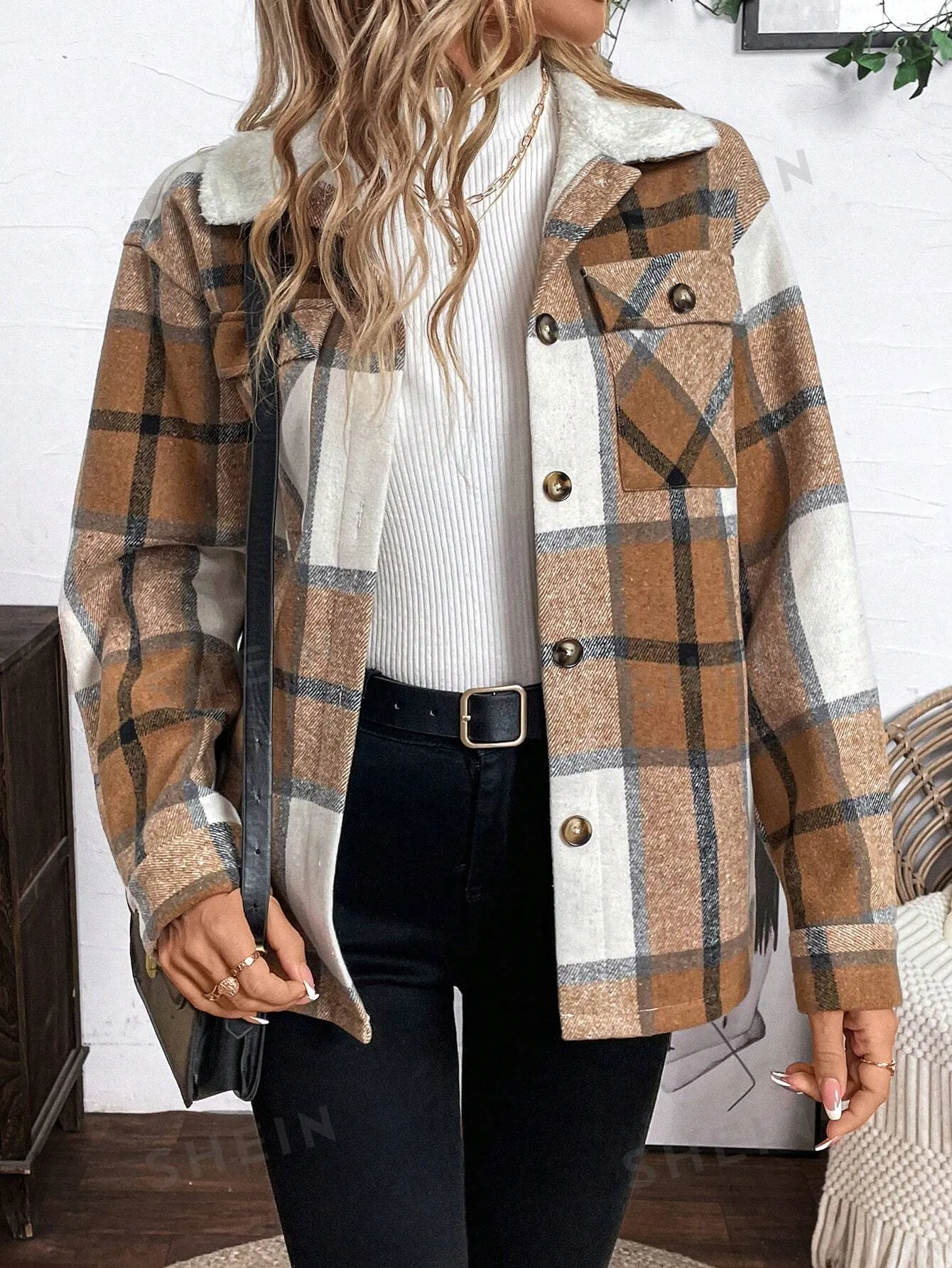 LUNE Plush-Lined Warm Khaki-Brown Plaid Shirt-Style Jacket For Women, Autumn Winter