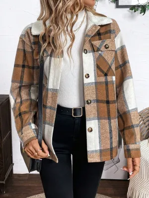 LUNE Plush-Lined Warm Khaki-Brown Plaid Shirt-Style Jacket For Women, Autumn Winter