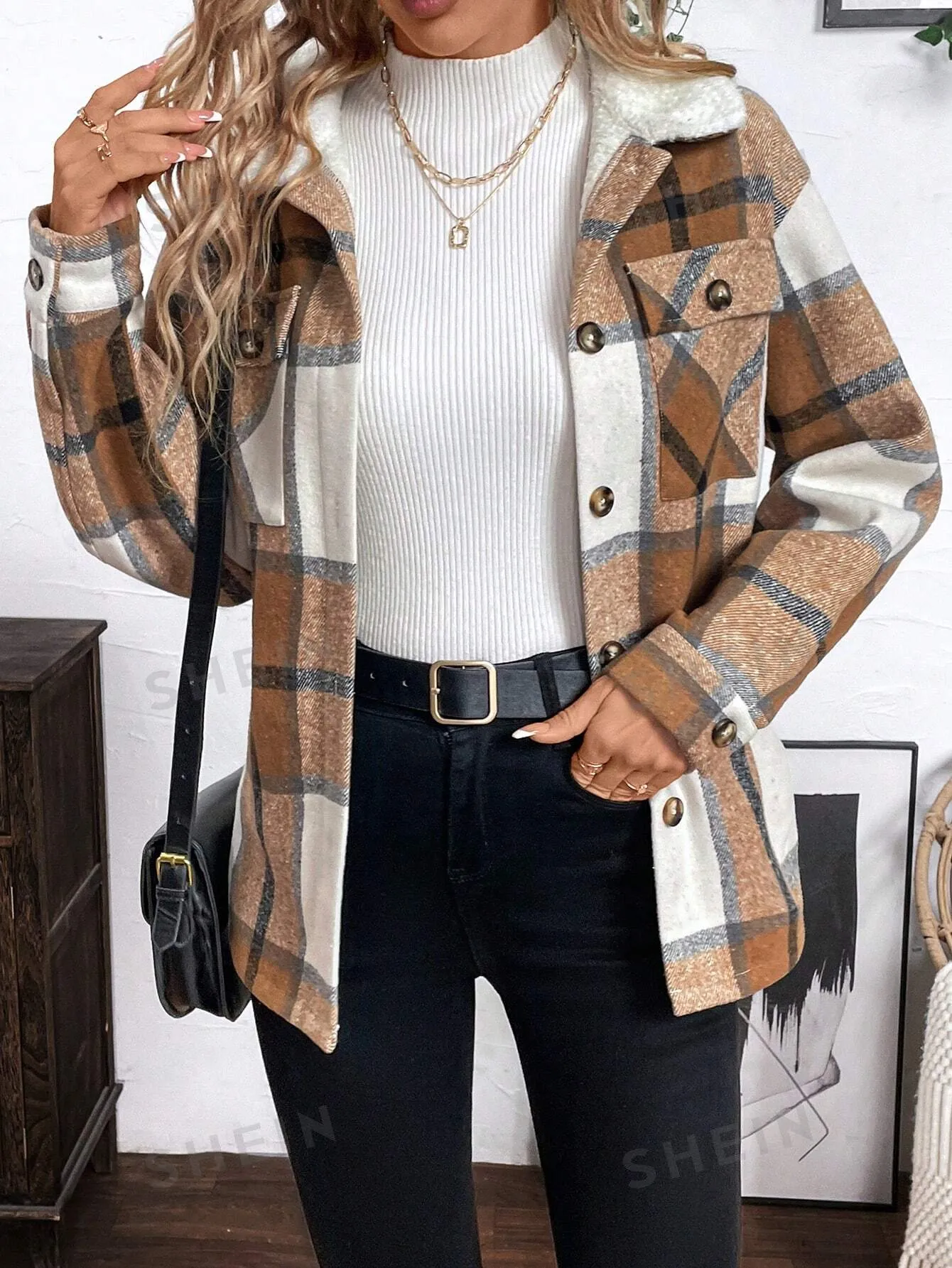 LUNE Plush-Lined Warm Khaki-Brown Plaid Shirt-Style Jacket For Women, Autumn Winter