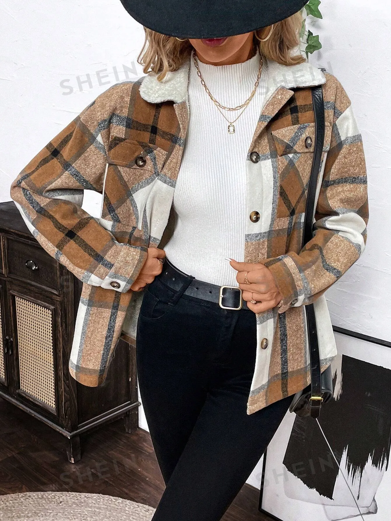 LUNE Plush-Lined Warm Khaki-Brown Plaid Shirt-Style Jacket For Women, Autumn Winter