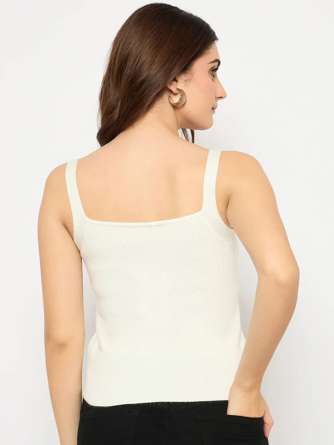 Madame Sleeveless Solid Off White Ribbed Knit Sweater