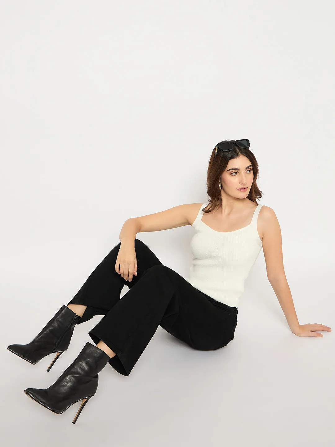 Madame Sleeveless Solid Off White Ribbed Knit Sweater