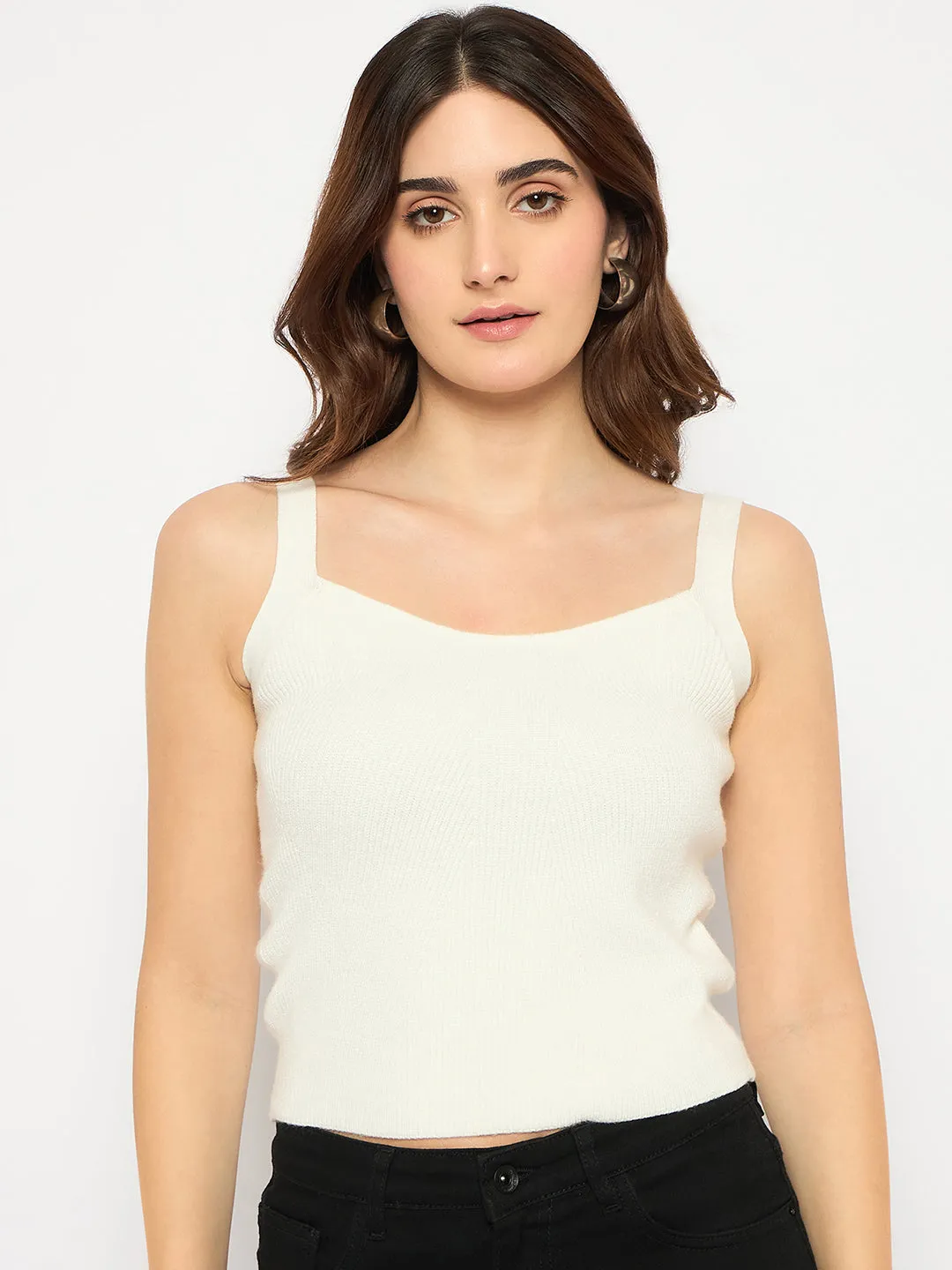 Madame Sleeveless Solid Off White Ribbed Knit Sweater