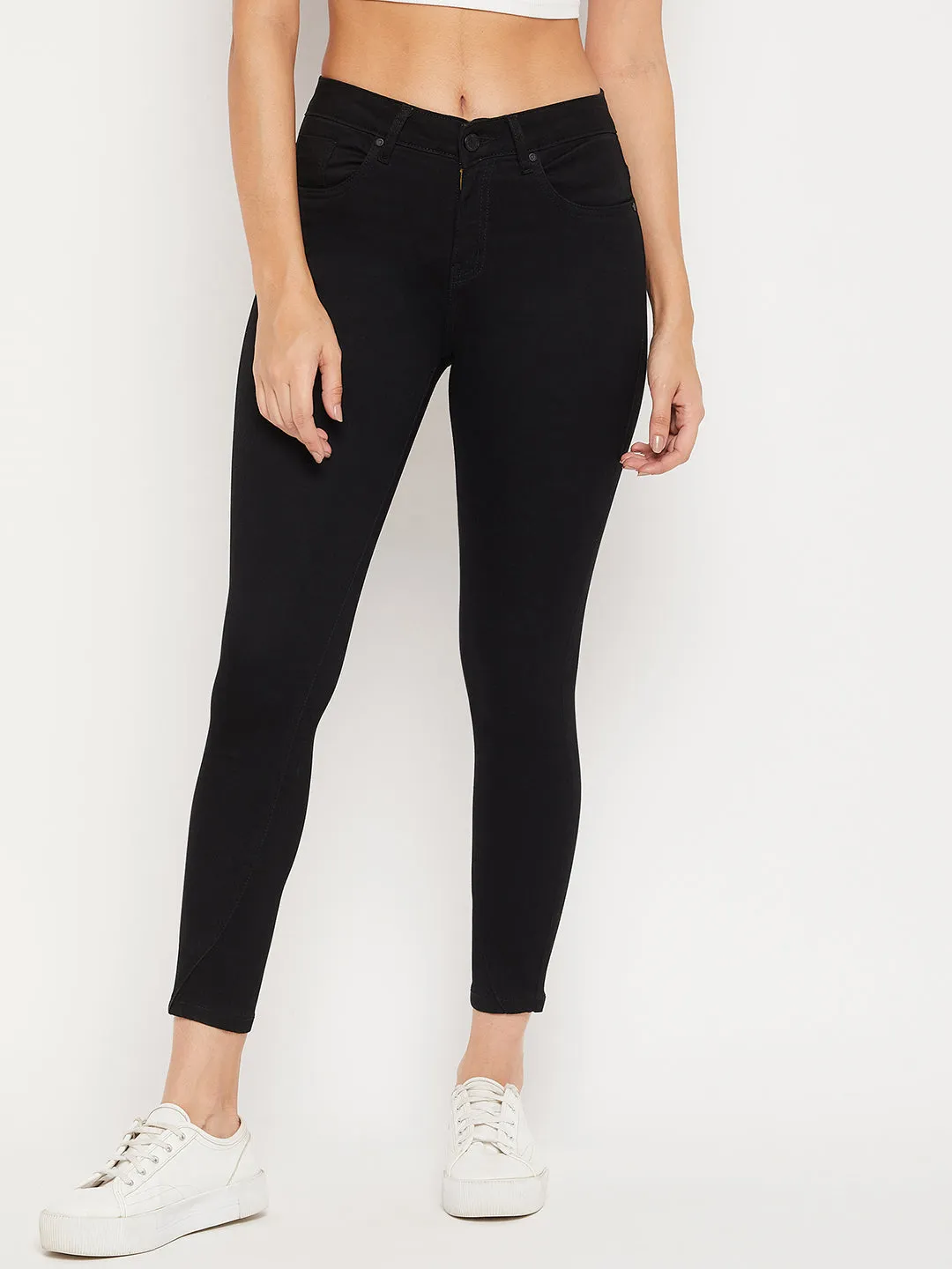 Madame Slim Fit Solid Black Mid Waist Jeans