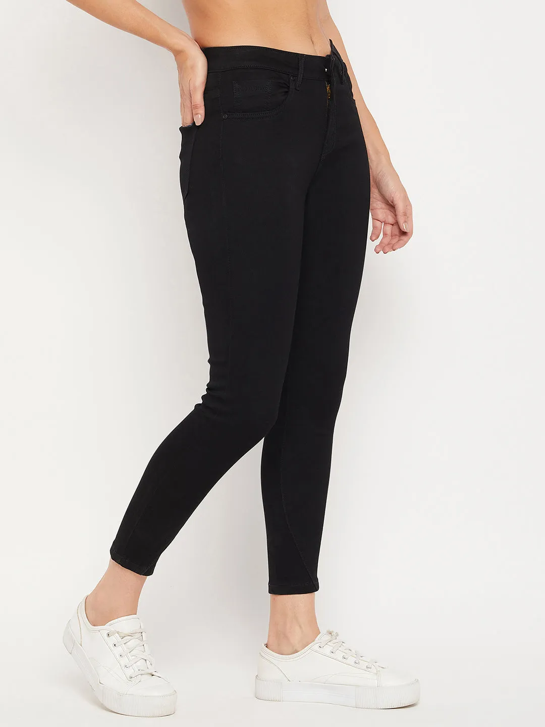 Madame Slim Fit Solid Black Mid Waist Jeans