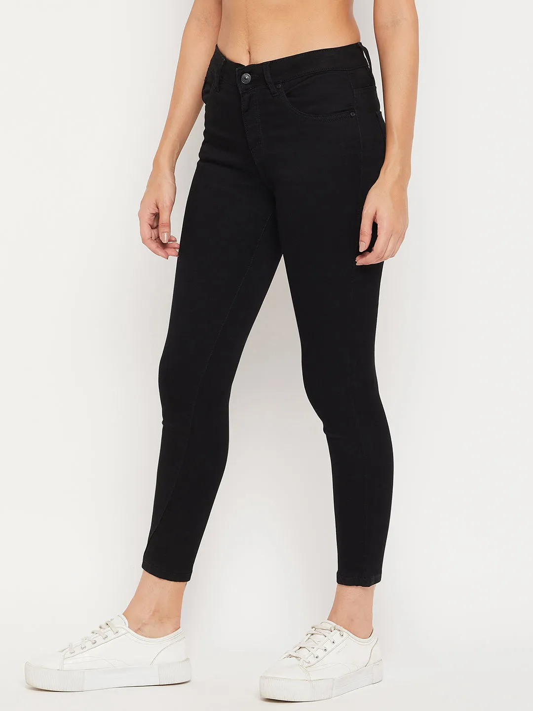Madame Slim Fit Solid Black Mid Waist Jeans