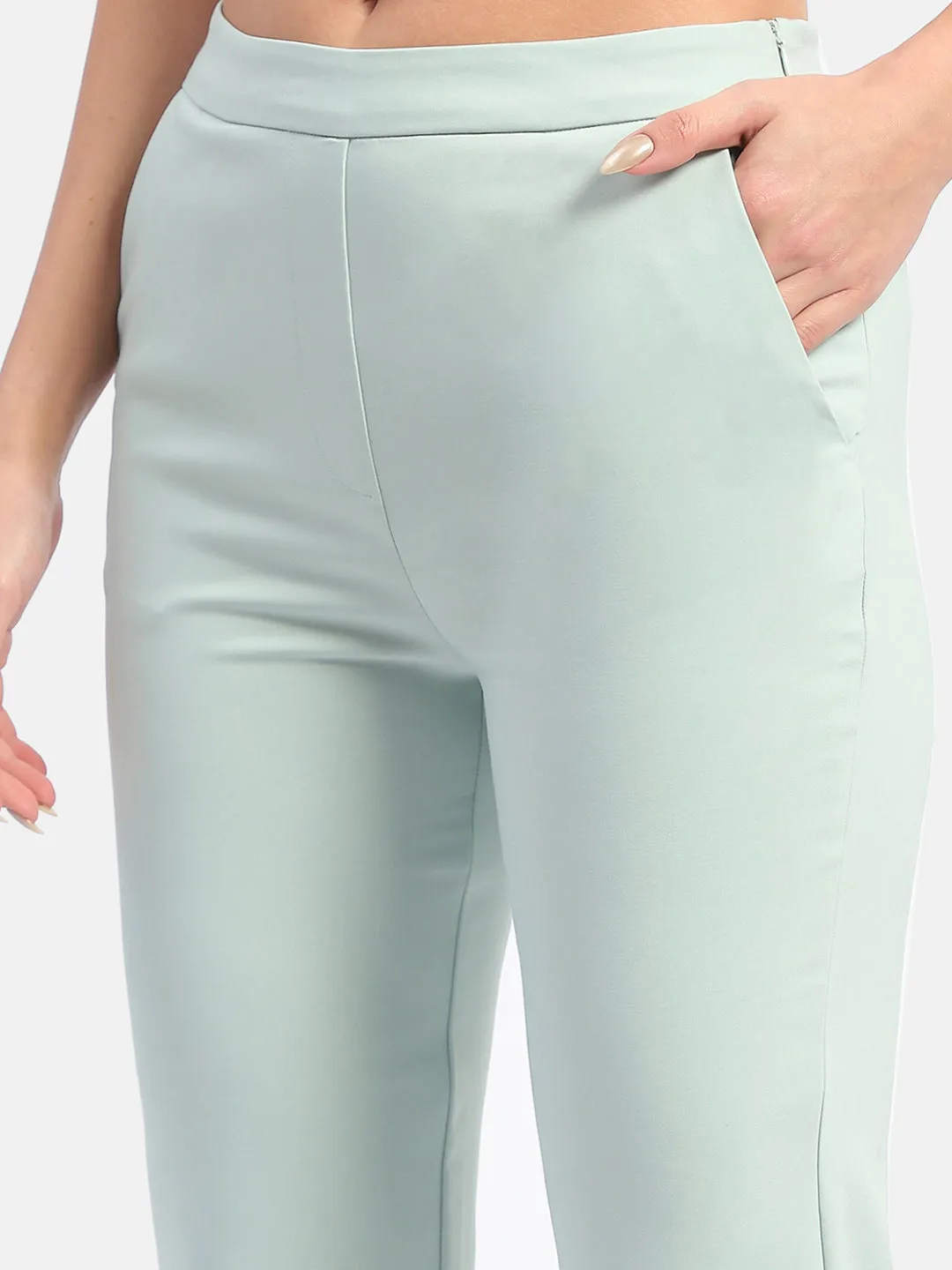 Madame Solid Green Flared Trousers