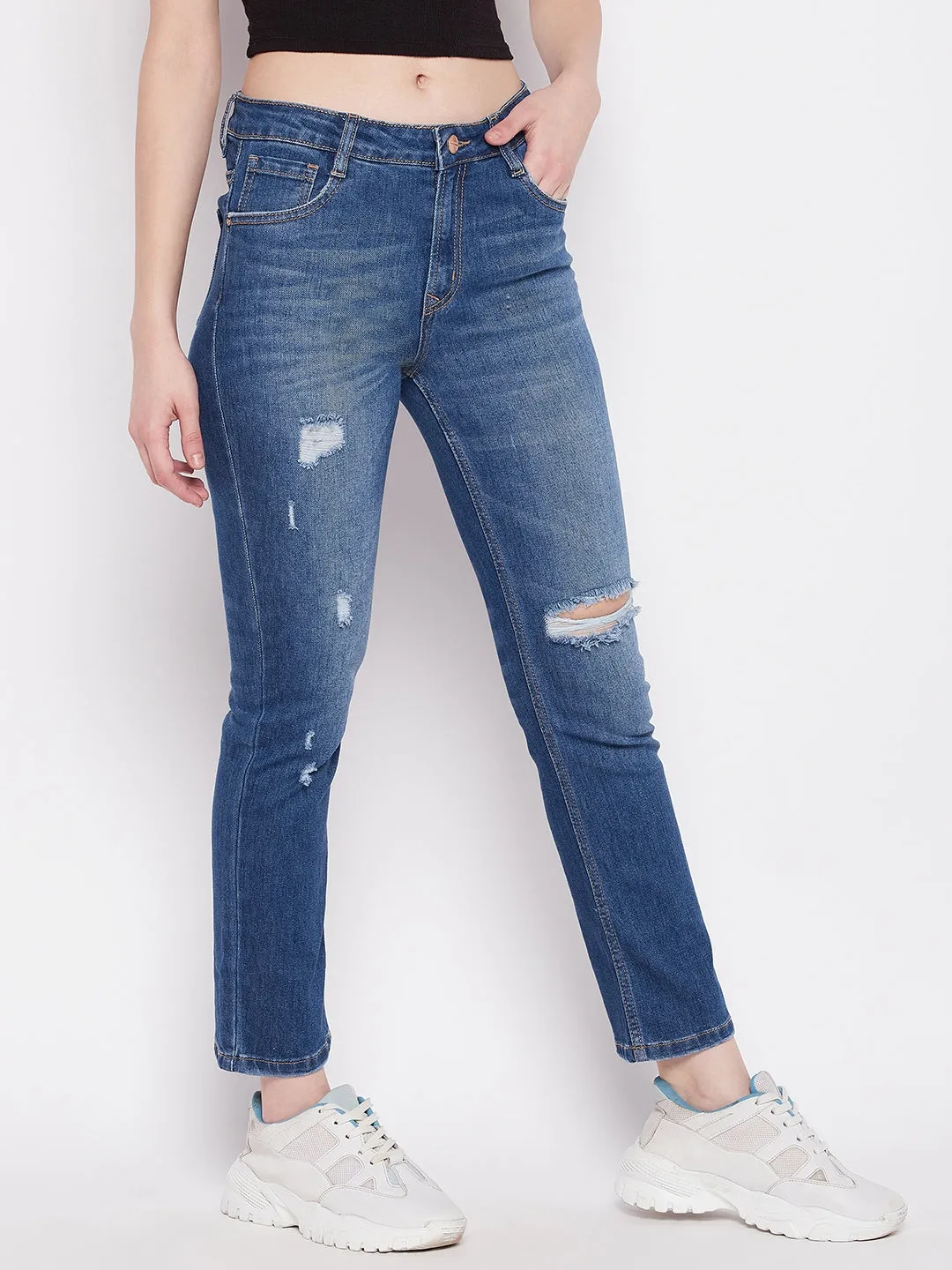 Madame Whiskered Ripped Solid Indigo Blue Denims