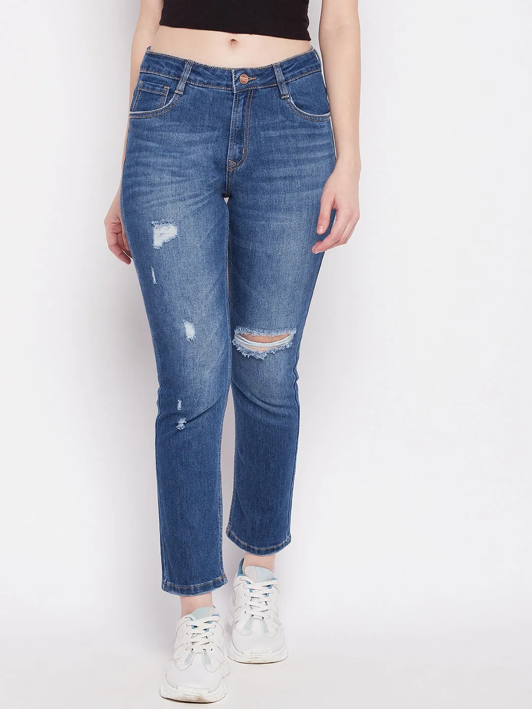 Madame Whiskered Ripped Solid Indigo Blue Denims