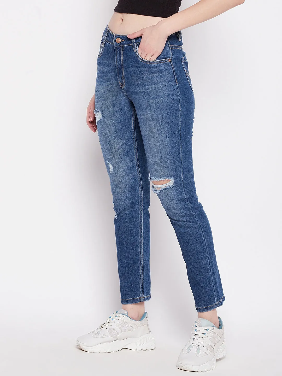 Madame Whiskered Ripped Solid Indigo Blue Denims