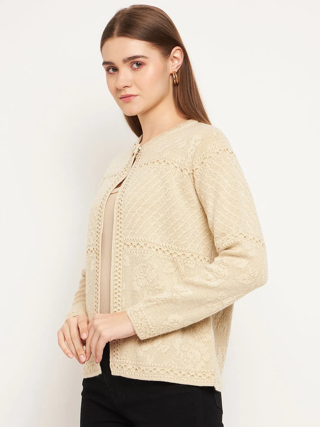 Madame Women Self Design Beige Cardigans