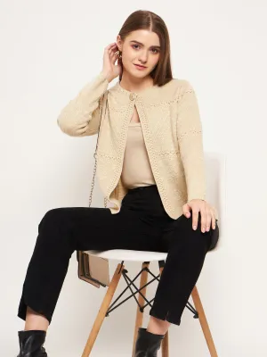 Madame Women Self Design Beige Cardigans