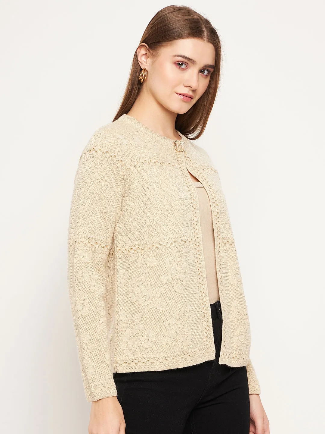 Madame Women Self Design Beige Cardigans