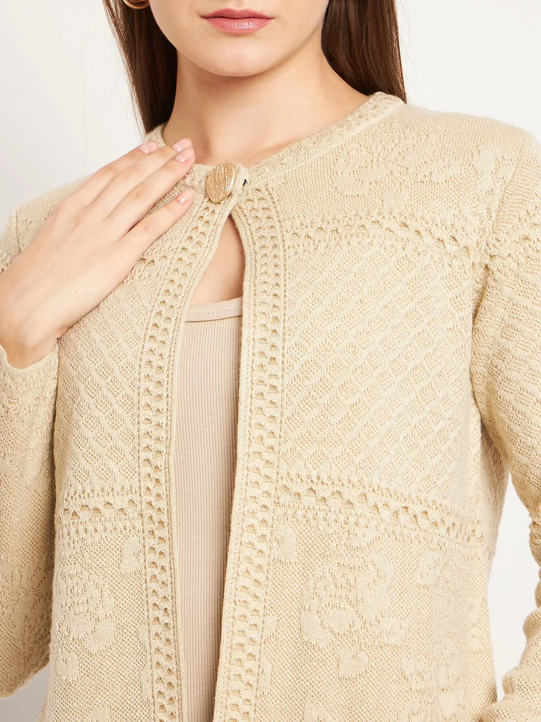 Madame Women Self Design Beige Cardigans