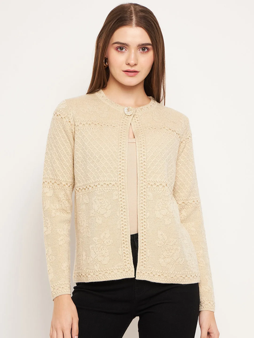 Madame Women Self Design Beige Cardigans