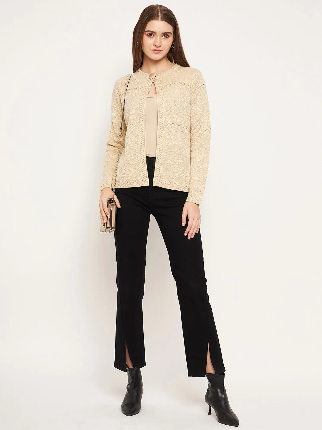 Madame Women Self Design Beige Cardigans
