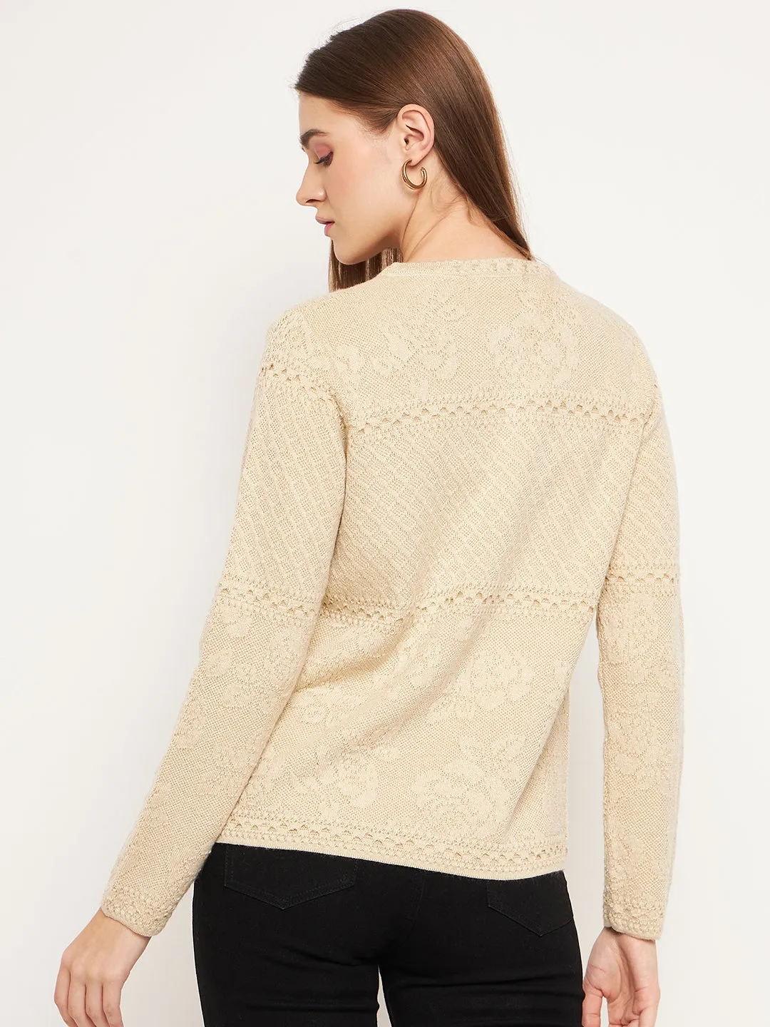 Madame Women Self Design Beige Cardigans