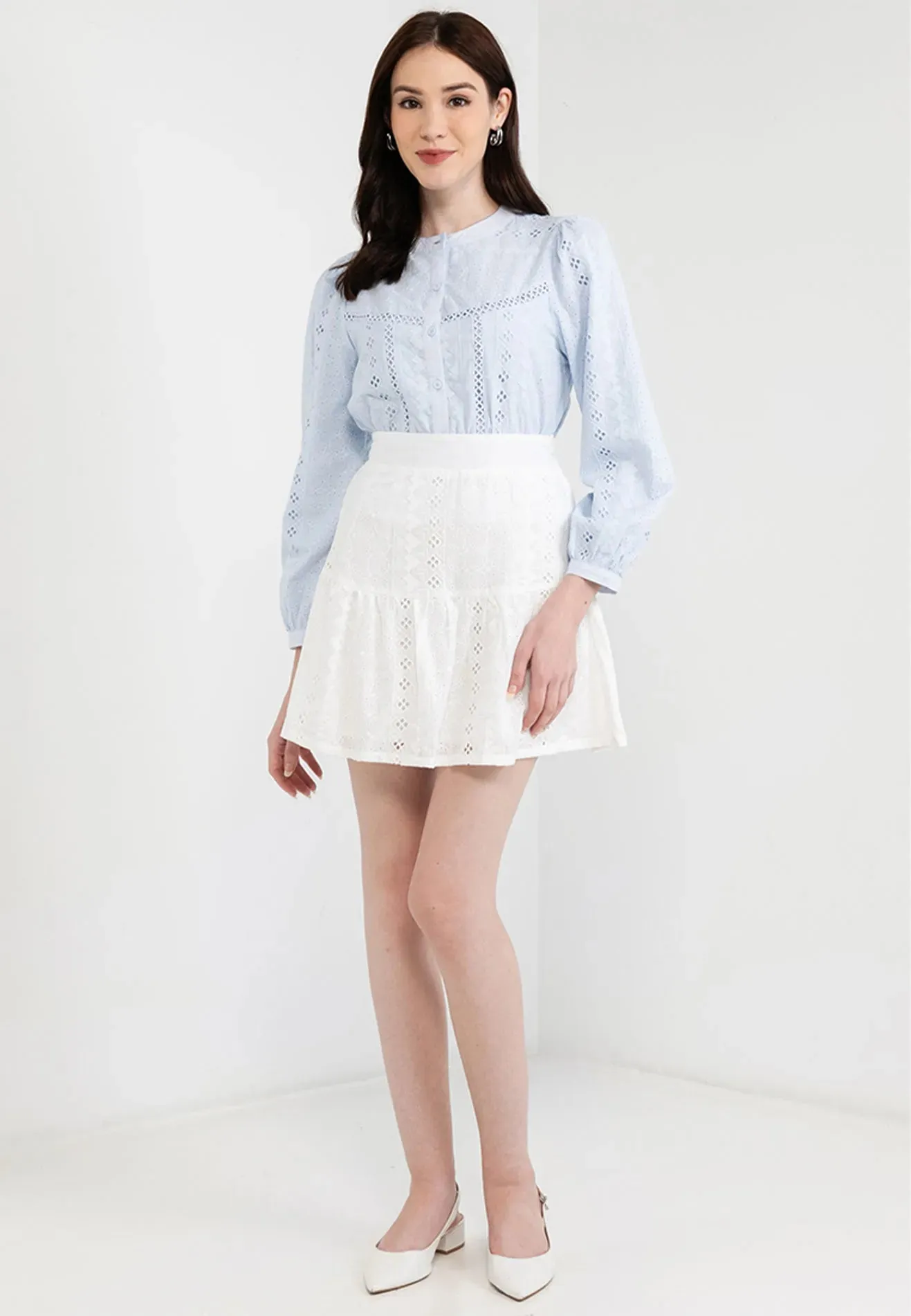 Mandarin Collar Geometric Print Lace Blouse