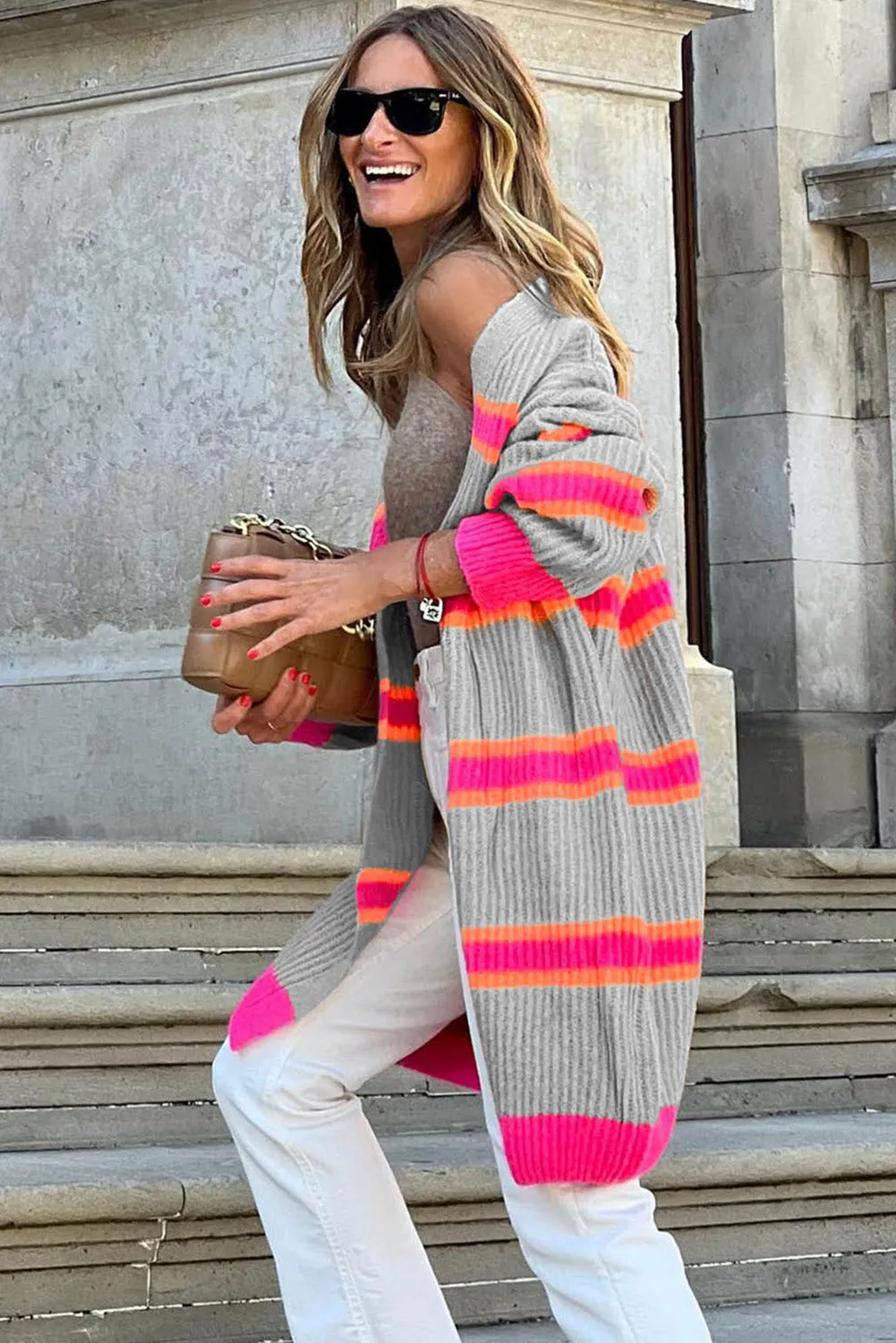 Medium Grey Stripe Printed Ribbed Long Knitted Cardigan