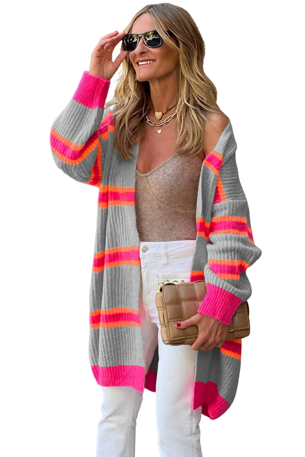 Medium Grey Stripe Printed Ribbed Long Knitted Cardigan