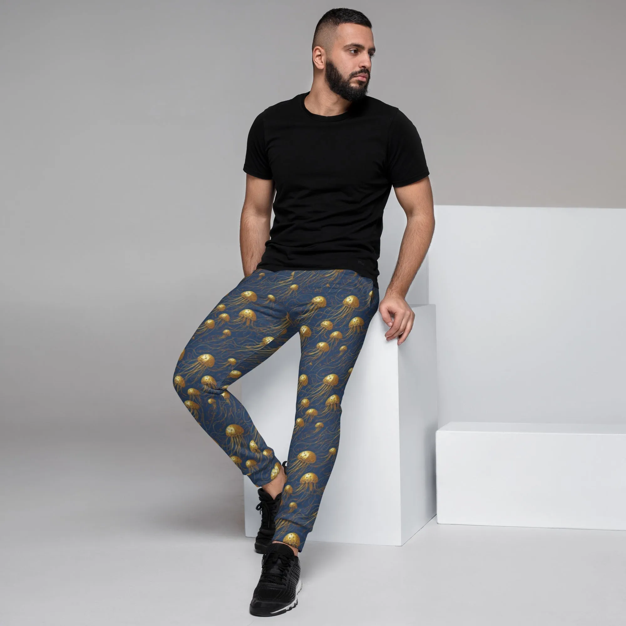 Men's Comfortable Joggers - Blue and Gold Jellyfishes