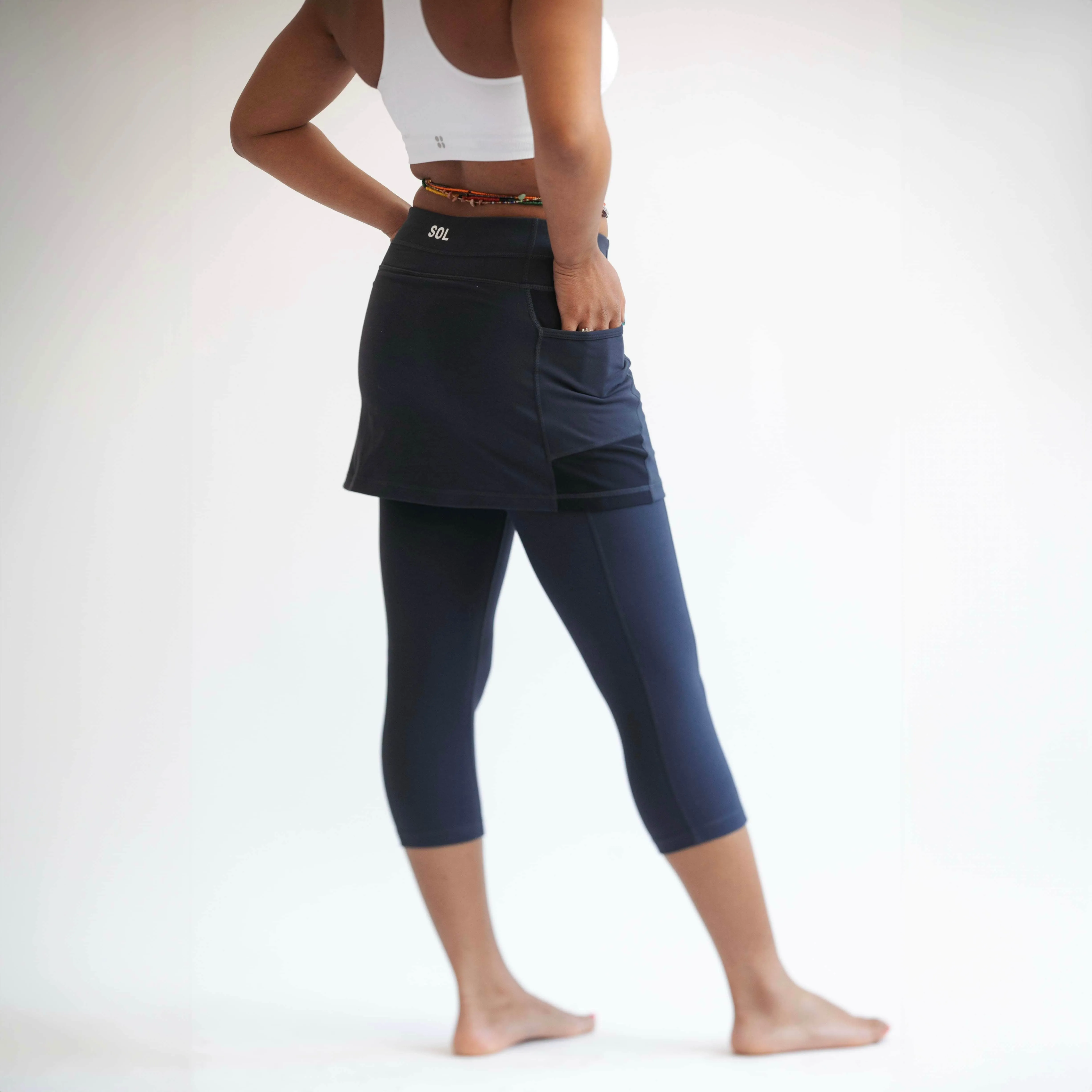 Midnight Dark Blue Skirted Capris Leggings with Pockets
