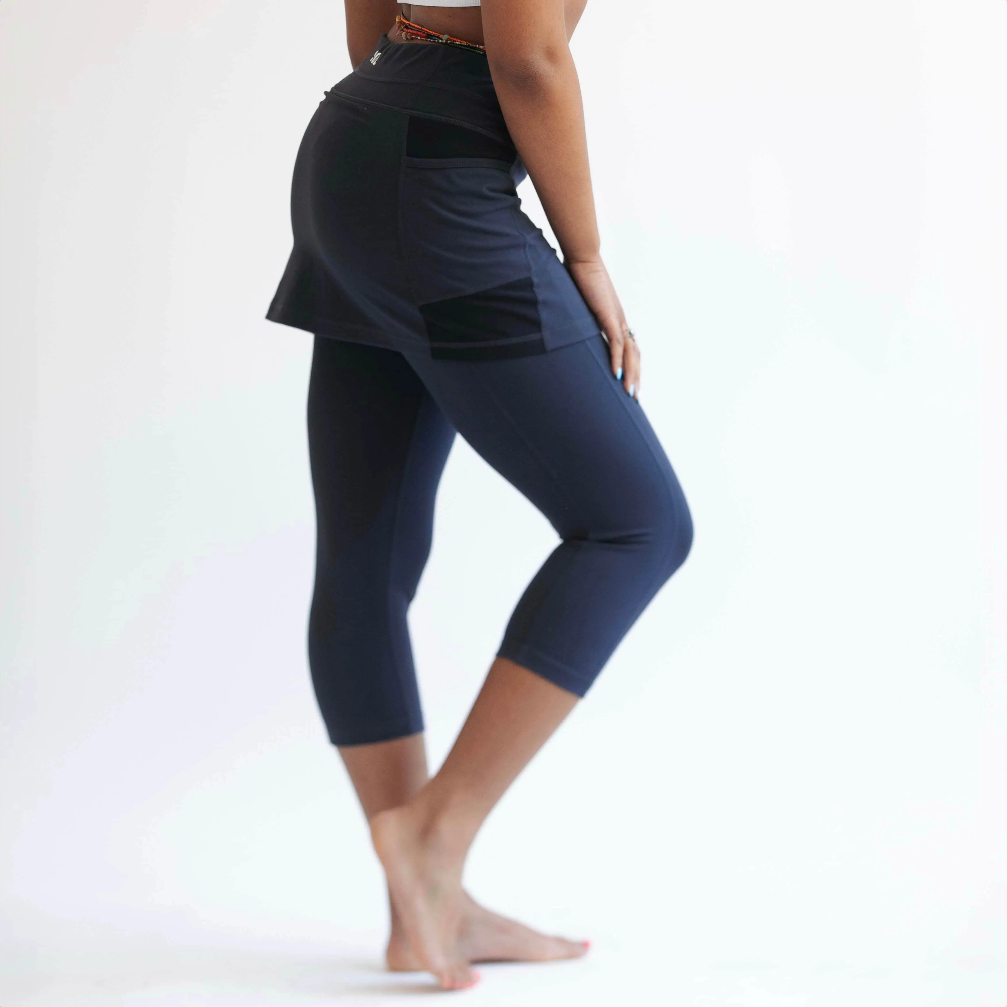 Midnight Dark Blue Skirted Capris Leggings with Pockets