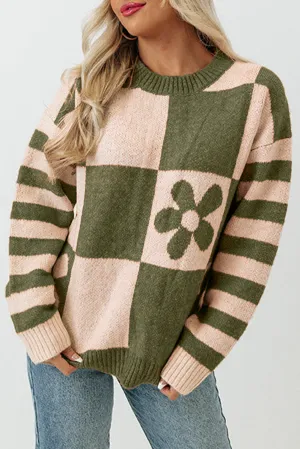 Mist Green Checkered Floral Print Striped Sleeve Sweater