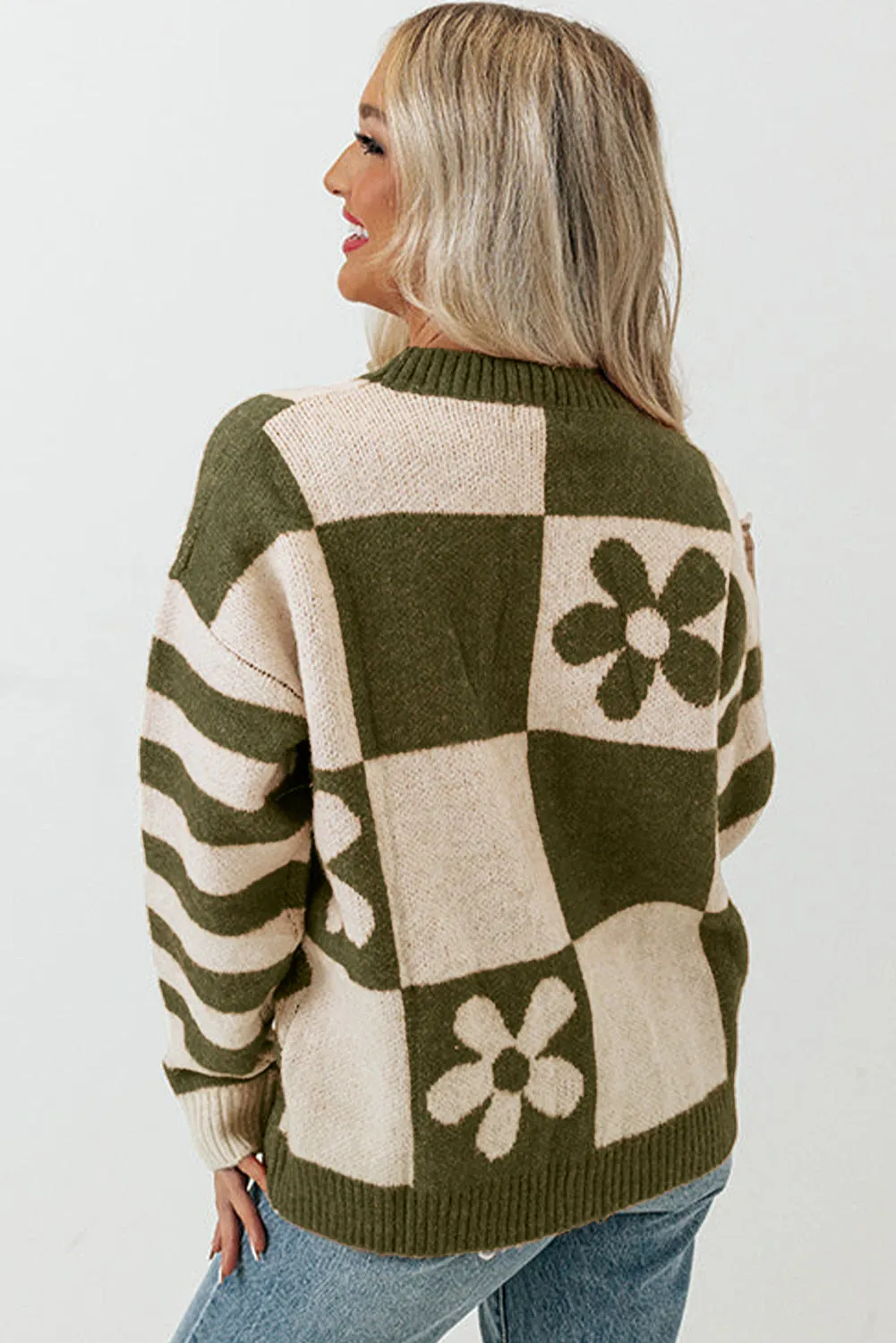 Mist Green Checkered Floral Print Striped Sleeve Sweater
