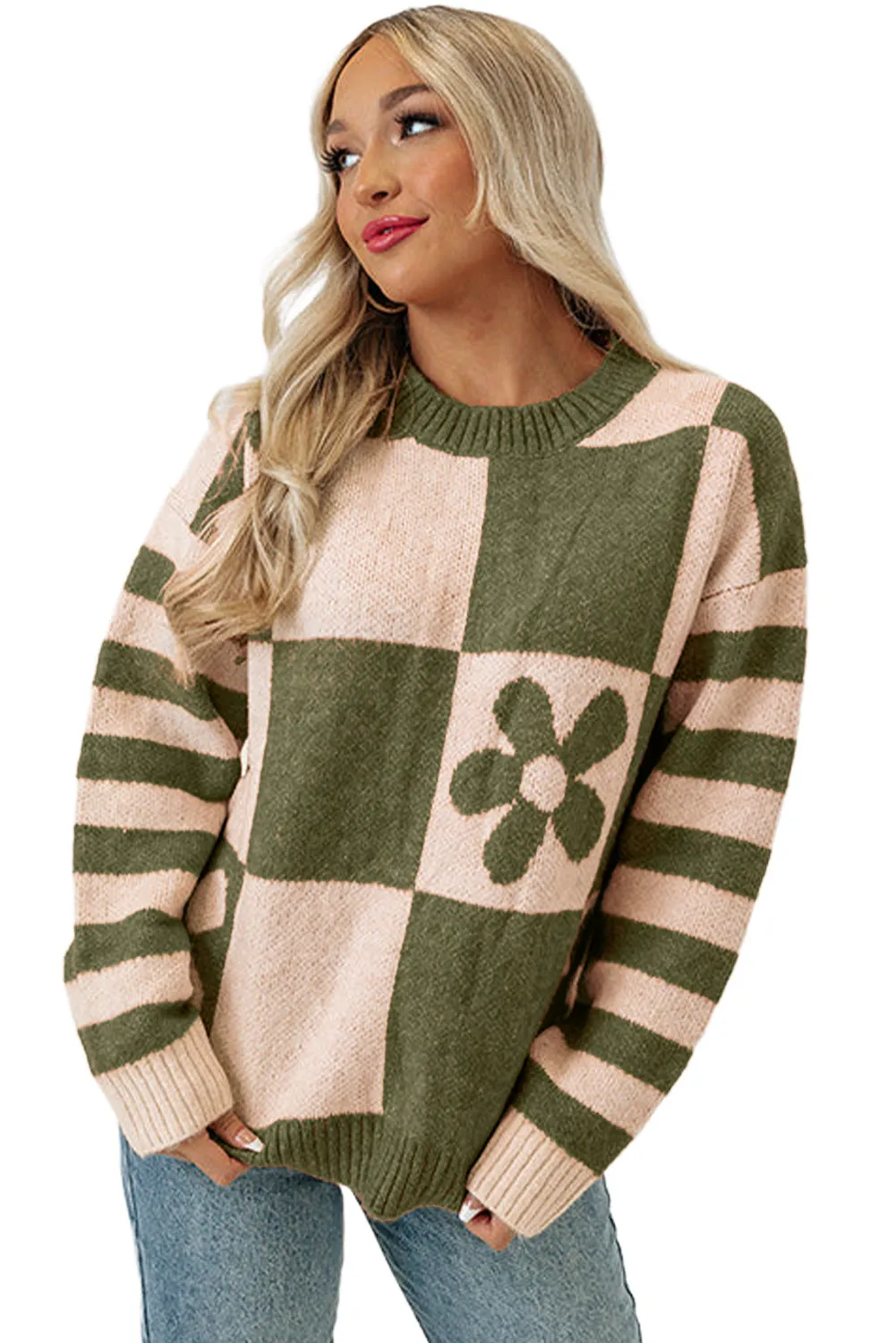 Mist Green Checkered Floral Print Striped Sleeve Sweater