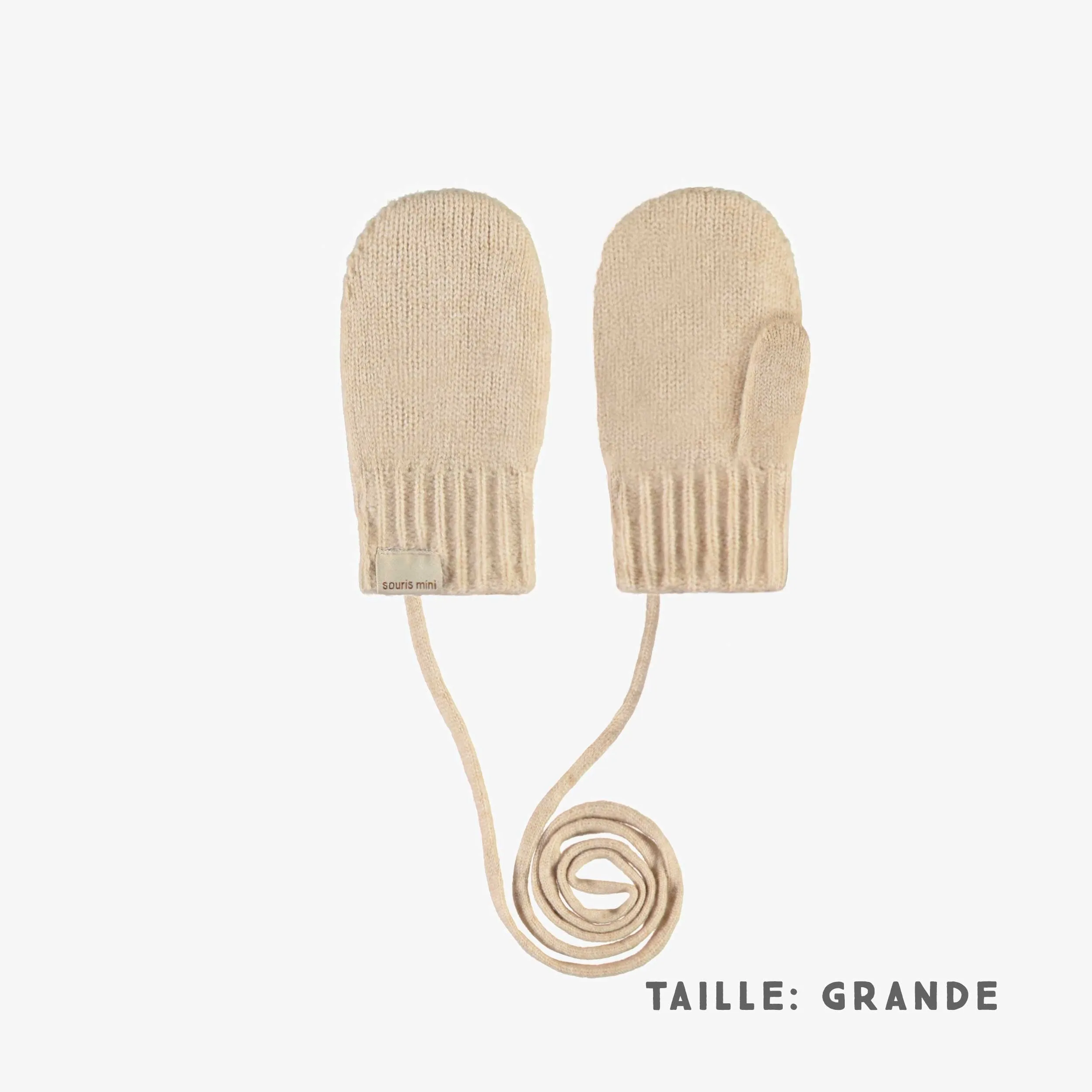 Mitaines crème avec cordon en tricot, bébé || Cream mittens with a cord in knit, baby