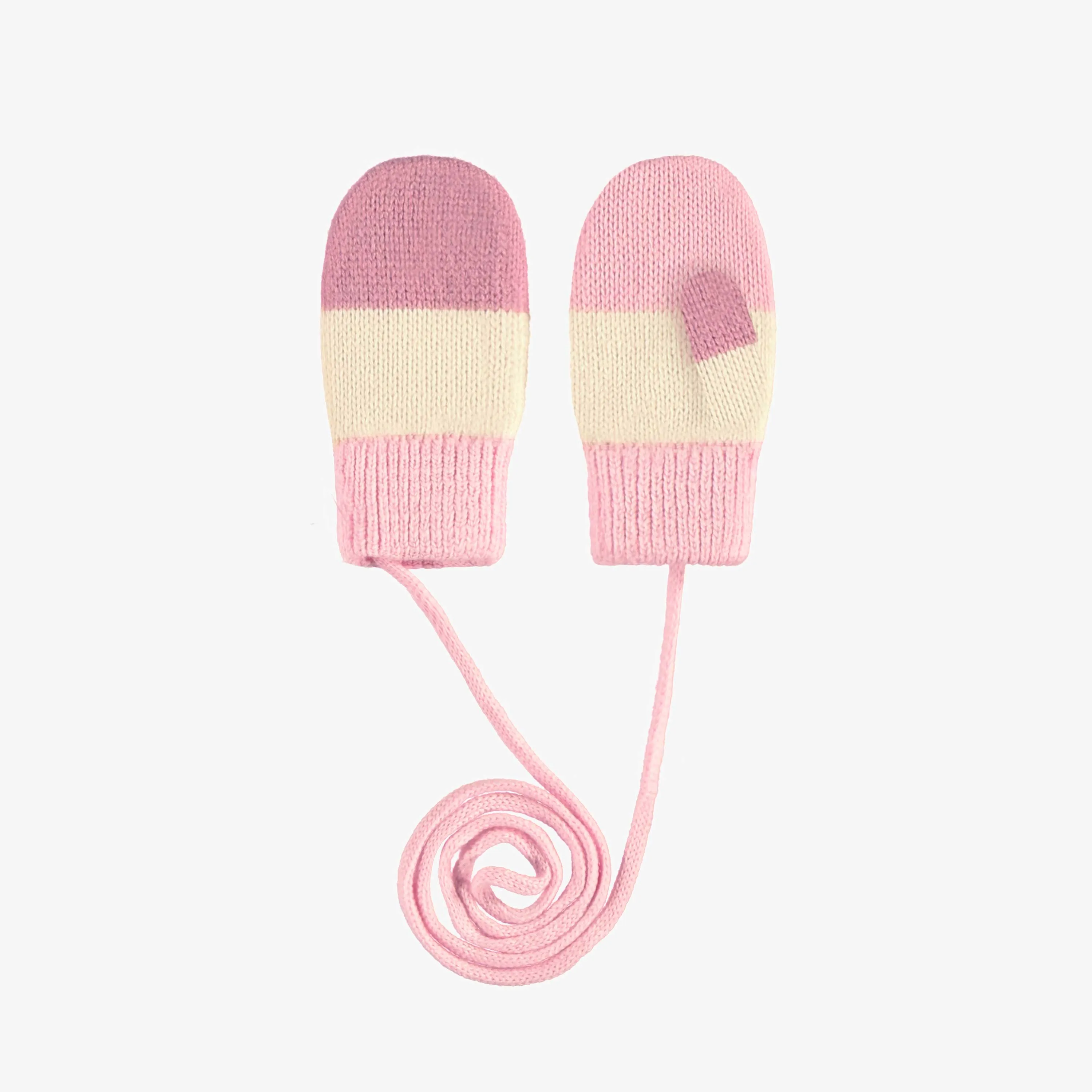 Mitaines de tricot roses et crème avec cordon, bébé || Pink and cream knitted mittens with string, baby