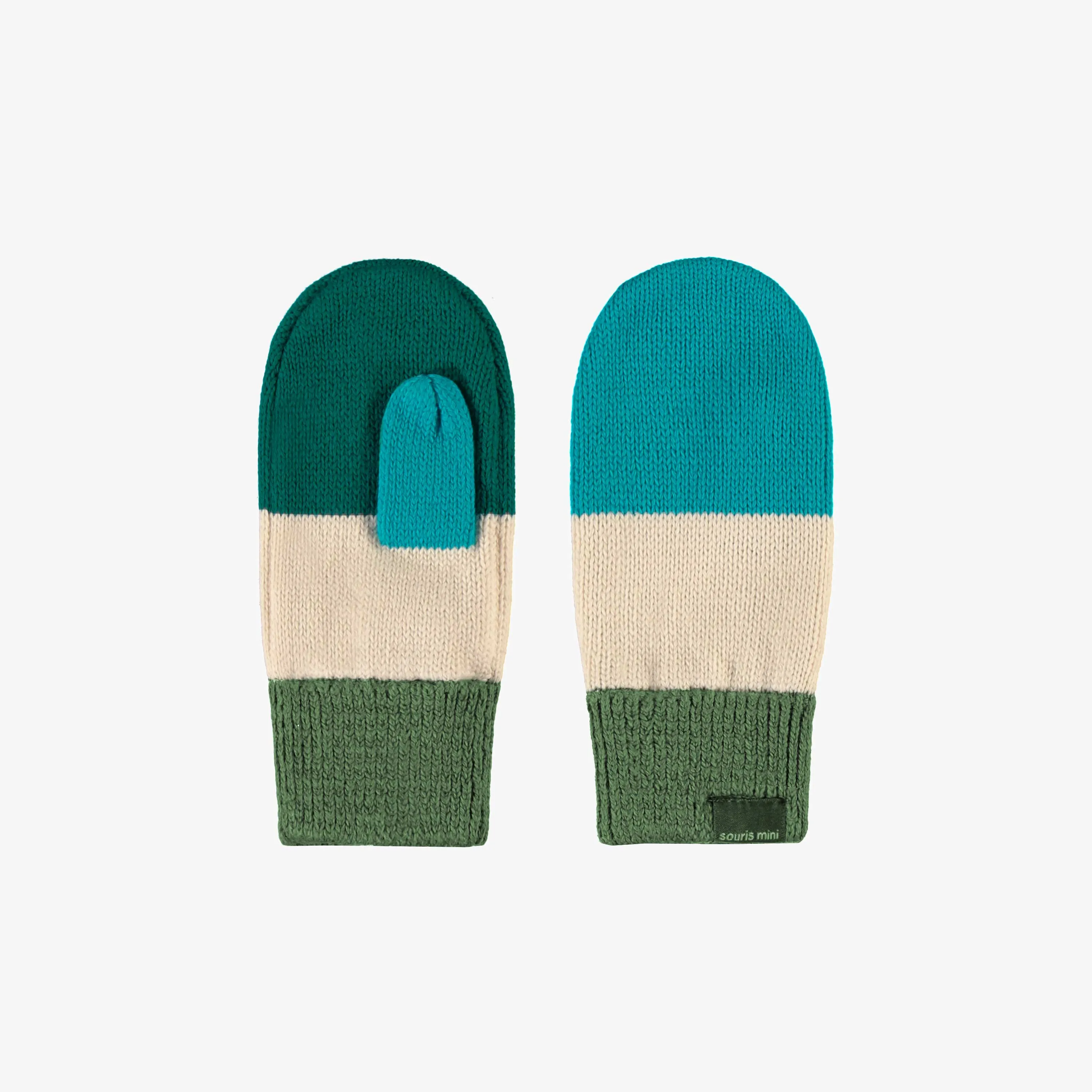 Mitaines en tricot turquoise, vertes et crème, enfant || Turquoise, green and cream knitted mittens, child