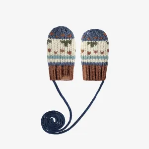 Mitaines marines et crème à motif jacquard avec cordon en maille, bébé || Cream and navy knitted mittens with a jacquard print and a cord, baby