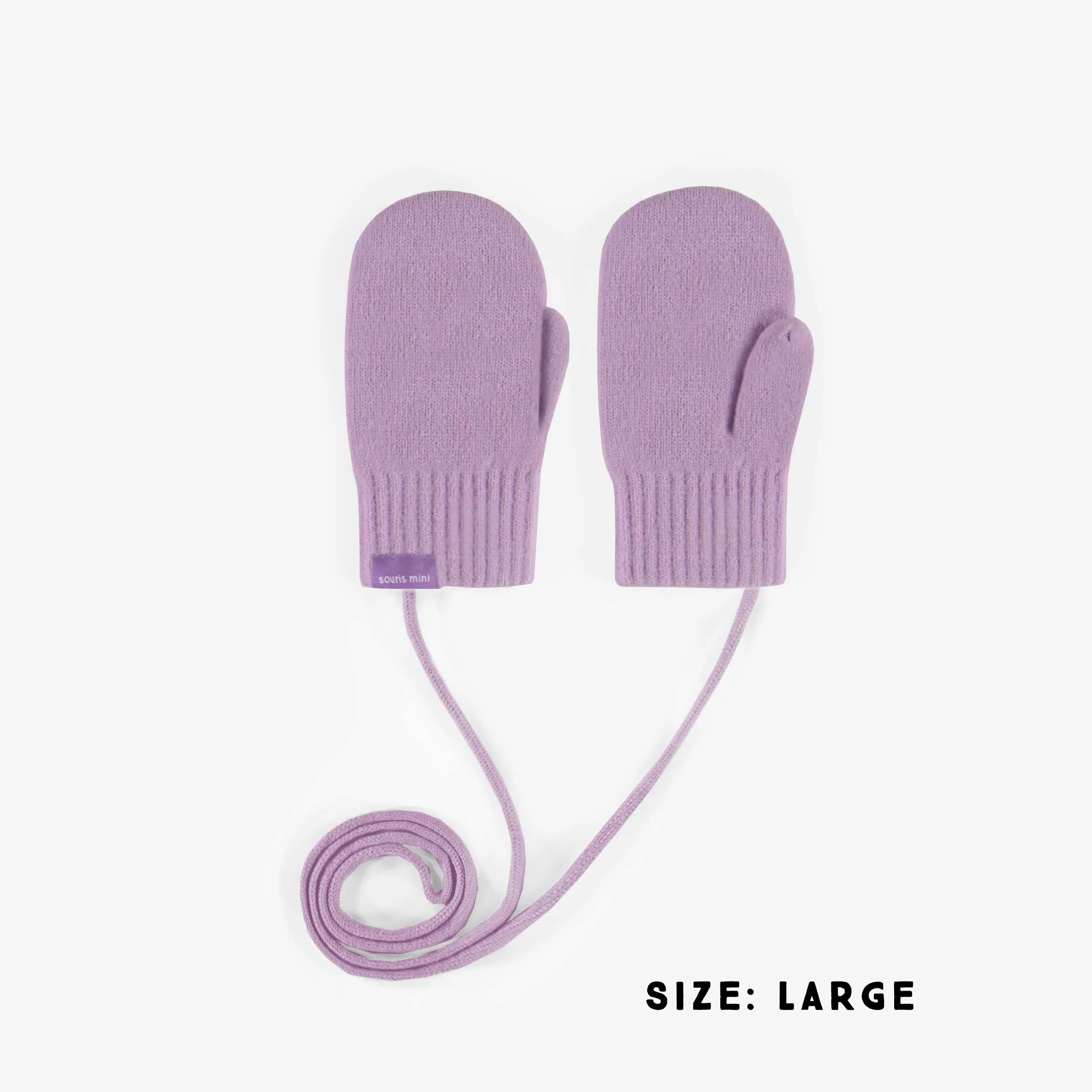 Mitaines mauves avec cordon en maille, bébé || Purple knitted mittens with a drawstring, baby