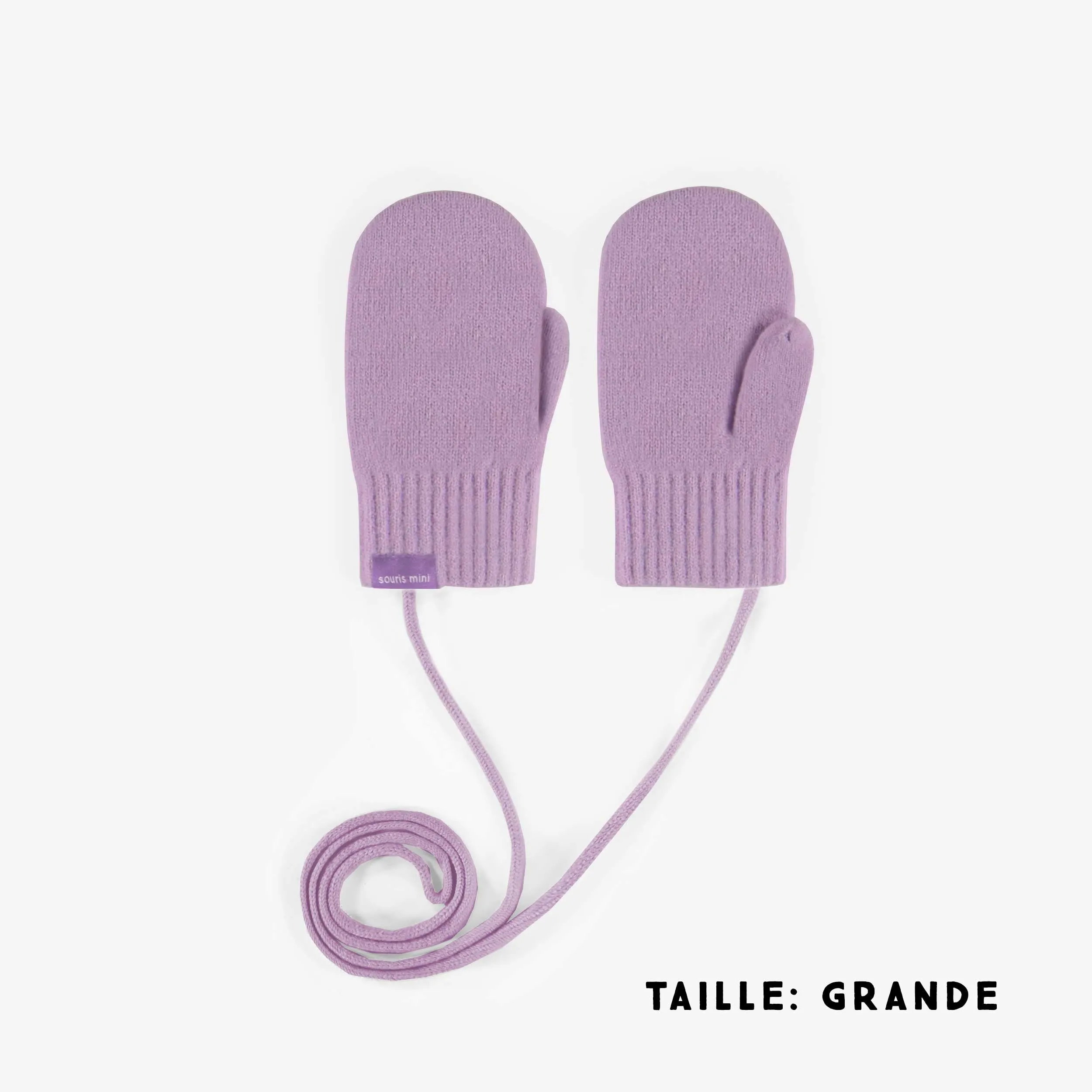 Mitaines mauves avec cordon en maille, bébé || Purple knitted mittens with a drawstring, baby