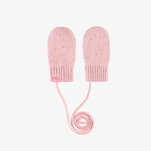 Mitaines roses avec cordon en tricot, bébé || Pink mittens with a cord in knit, baby