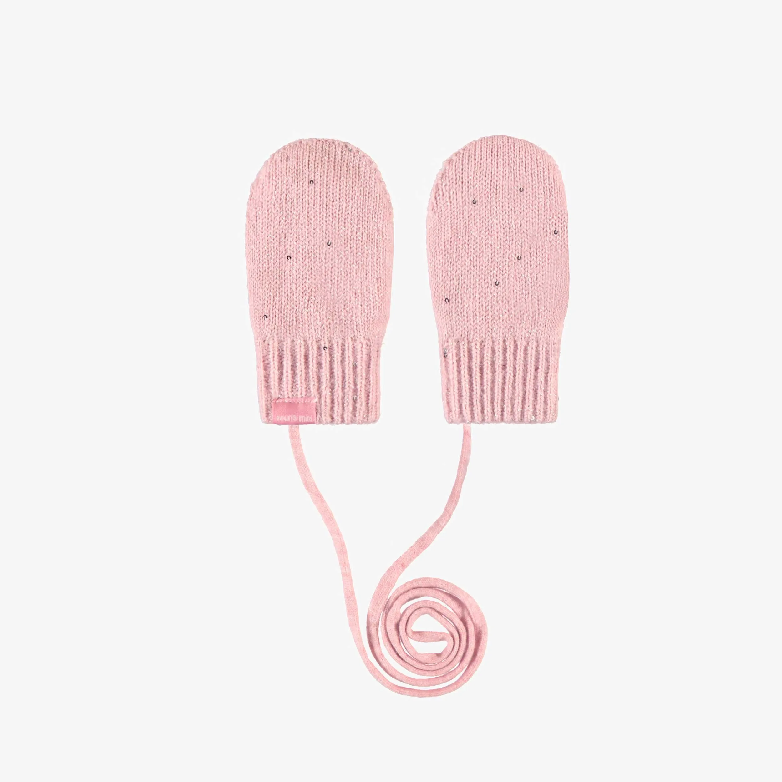 Mitaines roses avec cordon en tricot, bébé || Pink mittens with a cord in knit, baby